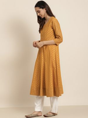 Women'S Cotton Floral Print Anarkali Kurta (Mustard) 4