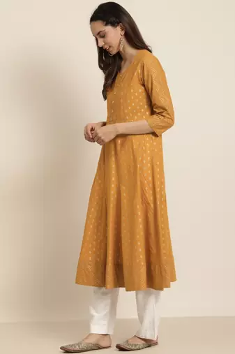 Women'S Cotton Floral Print Anarkali Kurta (Mustard)