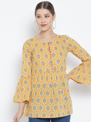 Women'S Cotton Floral Printed Regular Top (Yellow) 1