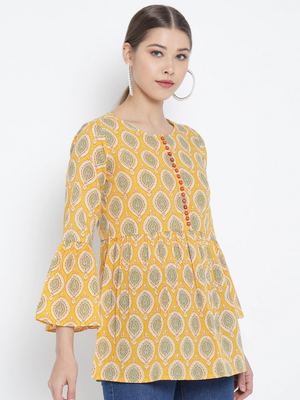Women'S Cotton Floral Printed Regular Top (Yellow) 3
