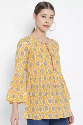 Women'S Cotton Floral Printed Regular Top (Yellow)