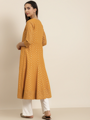 Women'S Cotton Floral Print Anarkali Kurta (Mustard) 5