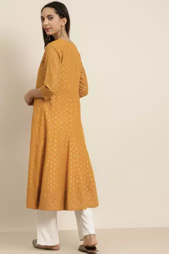 Women'S Cotton Floral Print Anarkali Kurta (Mustard)