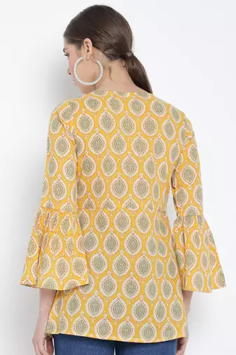Women'S Cotton Floral Printed Regular Top (Yellow)