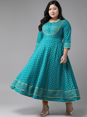 Women'S Plus Size Cotton Floral Printed Anarkali Kurta (Teal) 1