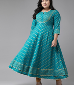 Women'S Plus Size Cotton Floral Printed Anarkali Kurta (Teal)