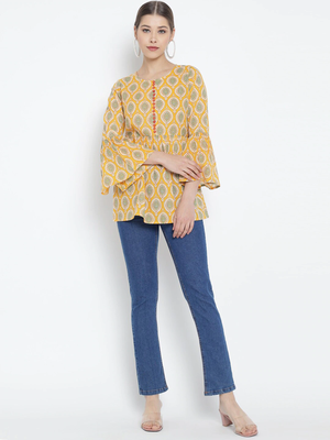 Women'S Cotton Floral Printed Regular Top (Yellow) 5