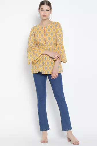 Women'S Cotton Floral Printed Regular Top (Yellow)