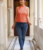 Yash gallery women's floral printed hot neck regular top (orange)