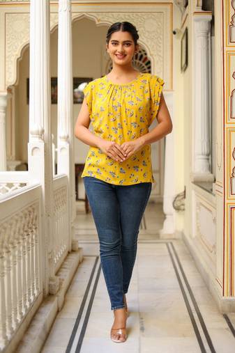Women'S Floral Printed Regular Top (Yellow)