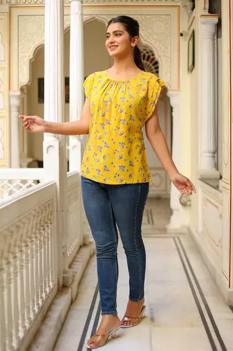 Women'S Floral Printed Regular Top (Yellow)