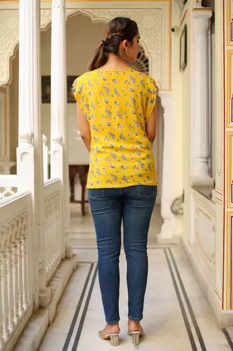 Women'S Floral Printed Regular Top (Yellow)