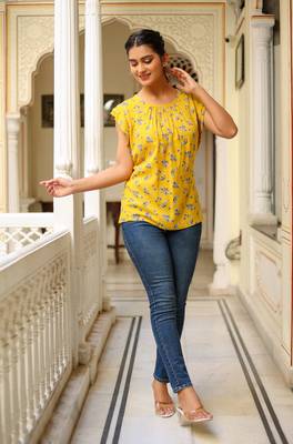 Women'S Floral Printed Regular Top (Yellow) 4