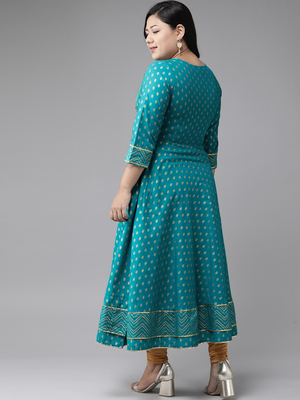 Women'S Plus Size Cotton Floral Printed Anarkali Kurta (Teal) 2
