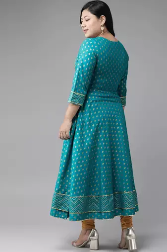 Women'S Plus Size Cotton Floral Printed Anarkali Kurta (Teal)