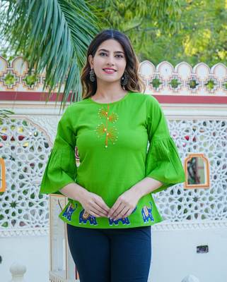 Women'S Cotton Slub Patch Work Top (Green) 1