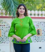 Women'S Cotton Slub Patch Work Top (Green)