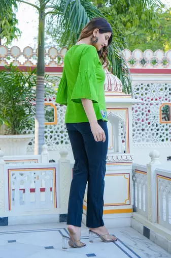 Women'S Cotton Slub Patch Work Top (Green)