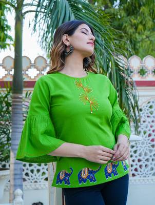 Women'S Cotton Slub Patch Work Top (Green) 4