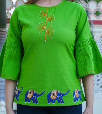 Women'S Cotton Slub Patch Work Top (Green) 5
