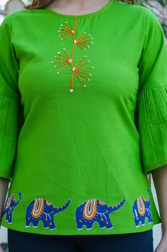 Women'S Cotton Slub Patch Work Top (Green)