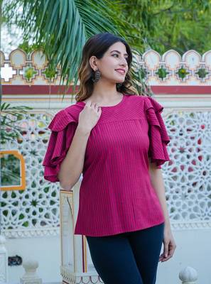 Women'S Polyester Stripe Regular Top (Maroon) 1