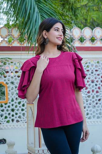 Women'S Polyester Stripe Regular Top (Maroon)
