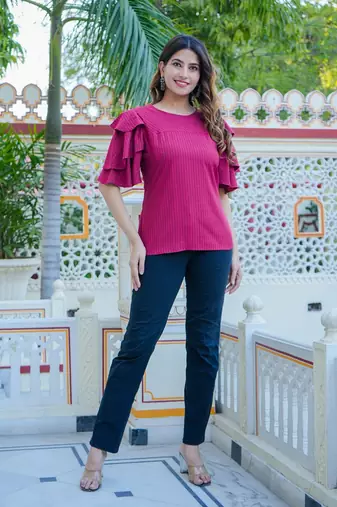 Women'S Polyester Stripe Regular Top (Maroon)