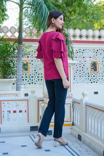 Women'S Polyester Stripe Regular Top (Maroon)