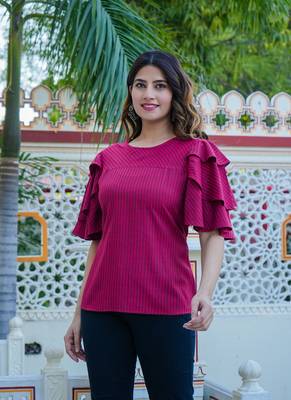 Women'S Polyester Stripe Regular Top (Maroon) 4