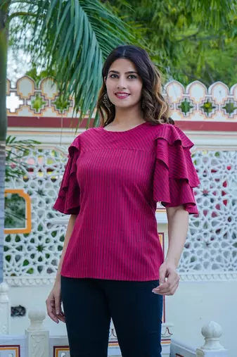 Women'S Polyester Stripe Regular Top (Maroon)