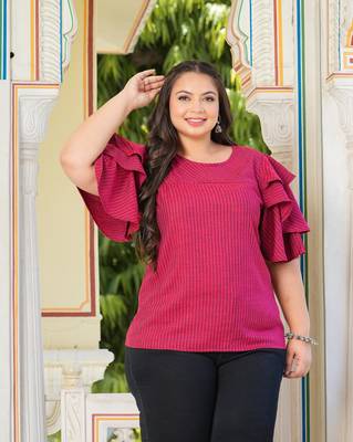 Women'S Plus Size Polyester Stripe Regular Top (Maroon) 2