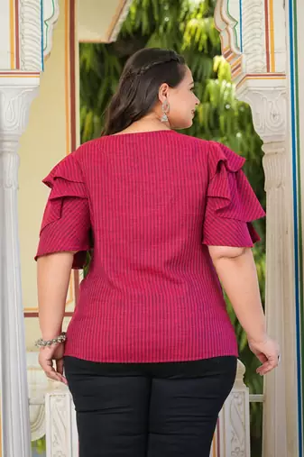 Women'S Plus Size Polyester Stripe Regular Top (Maroon)
