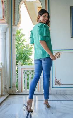 Women'S Polyester Stripe Regular Top (Green) 3
