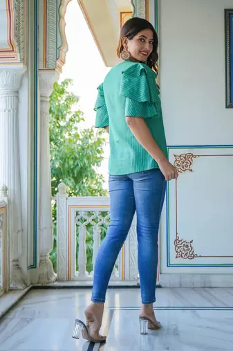 Women'S Polyester Stripe Regular Top (Green)