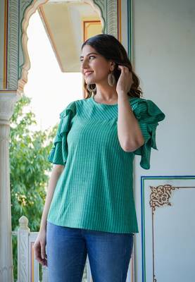 Women'S Polyester Stripe Regular Top (Green) 4
