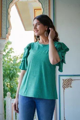 Women'S Polyester Stripe Regular Top (Green)