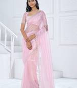 Light Pink Heavy Swroski Work Twirll Soft Organza Party Wear Saree With Blouse