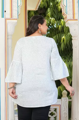 Women'S Plus Size Embroidered Geomatrical Printed Top (White)