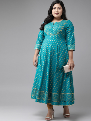 Women'S Plus Size Cotton Floral Printed Anarkali Kurta (Teal) 3