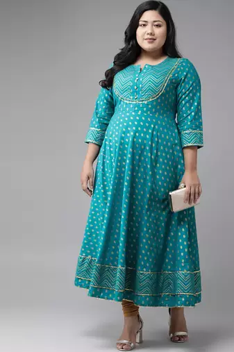 Women'S Plus Size Cotton Floral Printed Anarkali Kurta (Teal)