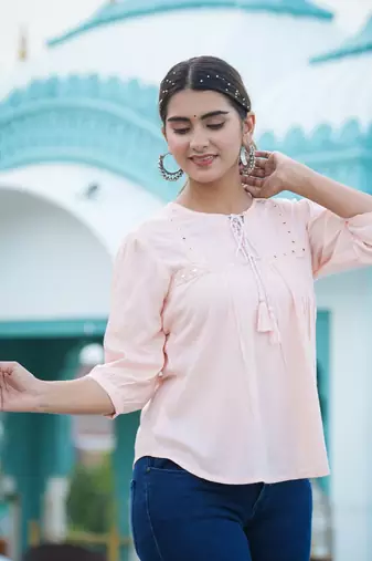 Women'S Rayon Embroidered Top (Peach)