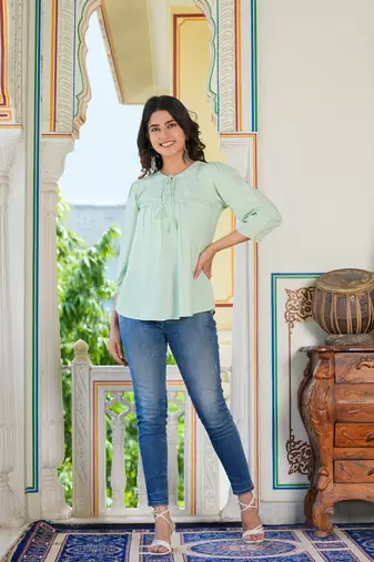 Women'S Rayon Embroidered Top (Green)