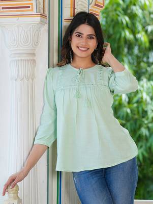 Women'S Rayon Embroidered Top (Green) 4