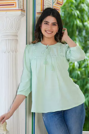 Women'S Rayon Embroidered Top (Green)
