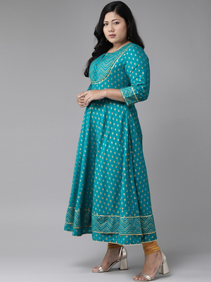 Women'S Plus Size Cotton Floral Printed Anarkali Kurta (Teal) 4