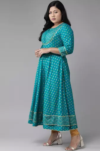 Women'S Plus Size Cotton Floral Printed Anarkali Kurta (Teal)