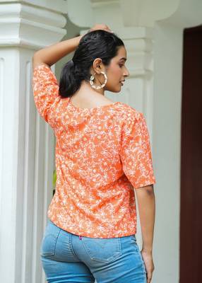 Women'S Floral Printed Regular Top (Orange) 3