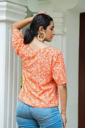 Women'S Floral Printed Regular Top (Orange)