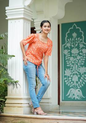 Women'S Floral Printed Regular Top (Orange) 4